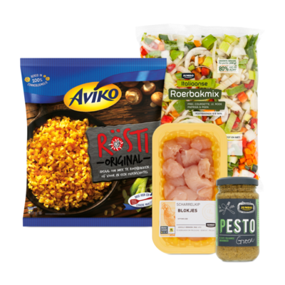 Aviko Rösti Wokschotel met Pesto, Kipfilet en Italiaanse Groenten